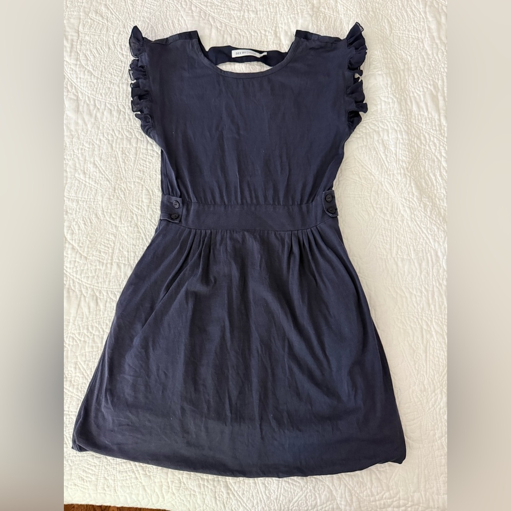 See By Chloe Blue A-Line Dress with Flutter Cap Sleeves